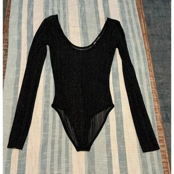 Zara size small bodysuit, sheer, black and gold metallic. - Picture 2 of 7